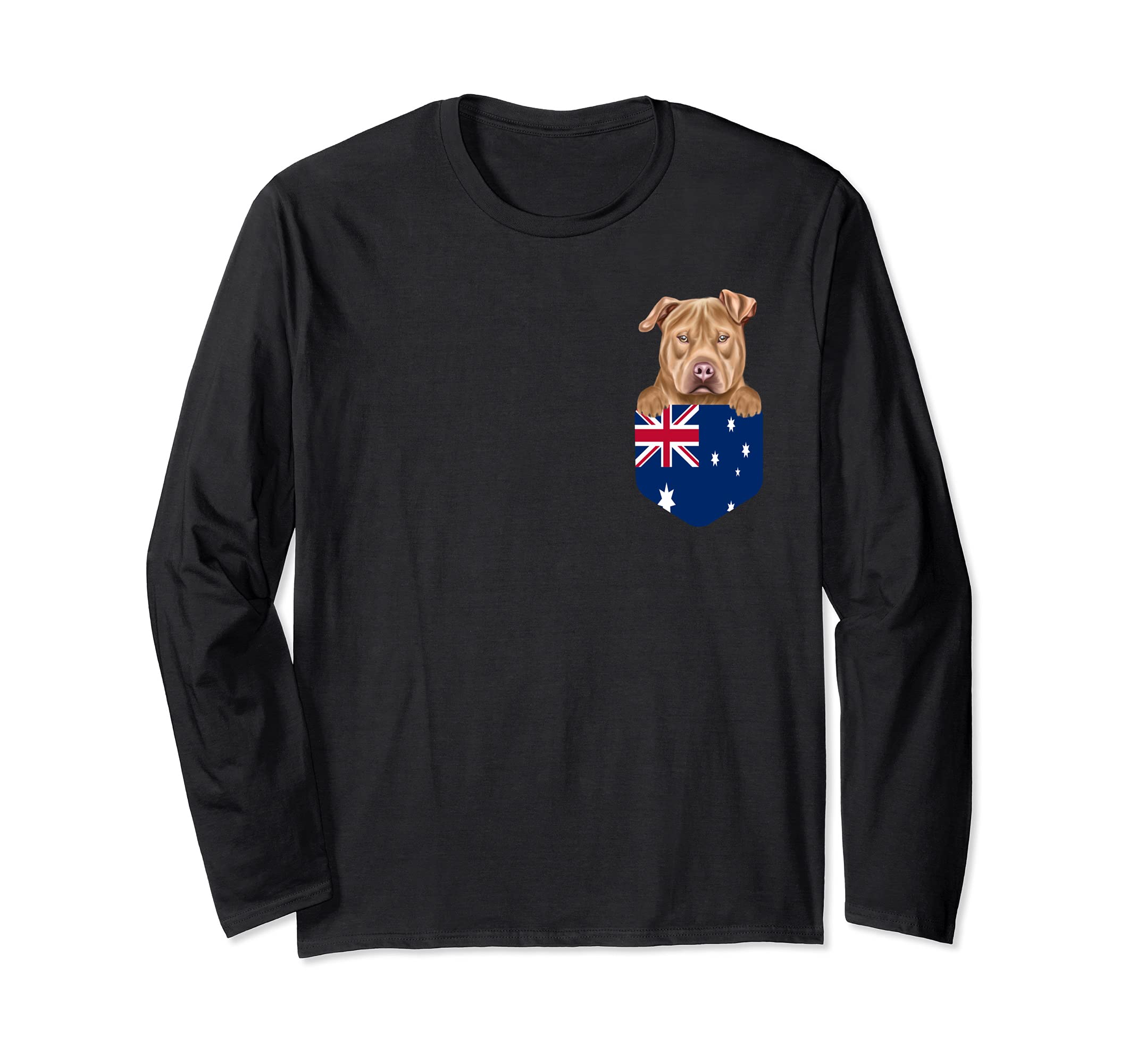 Australia Flag Usa Staffordshire Terrier Dog In Pocket Long Sleeve T-Shirt, Black