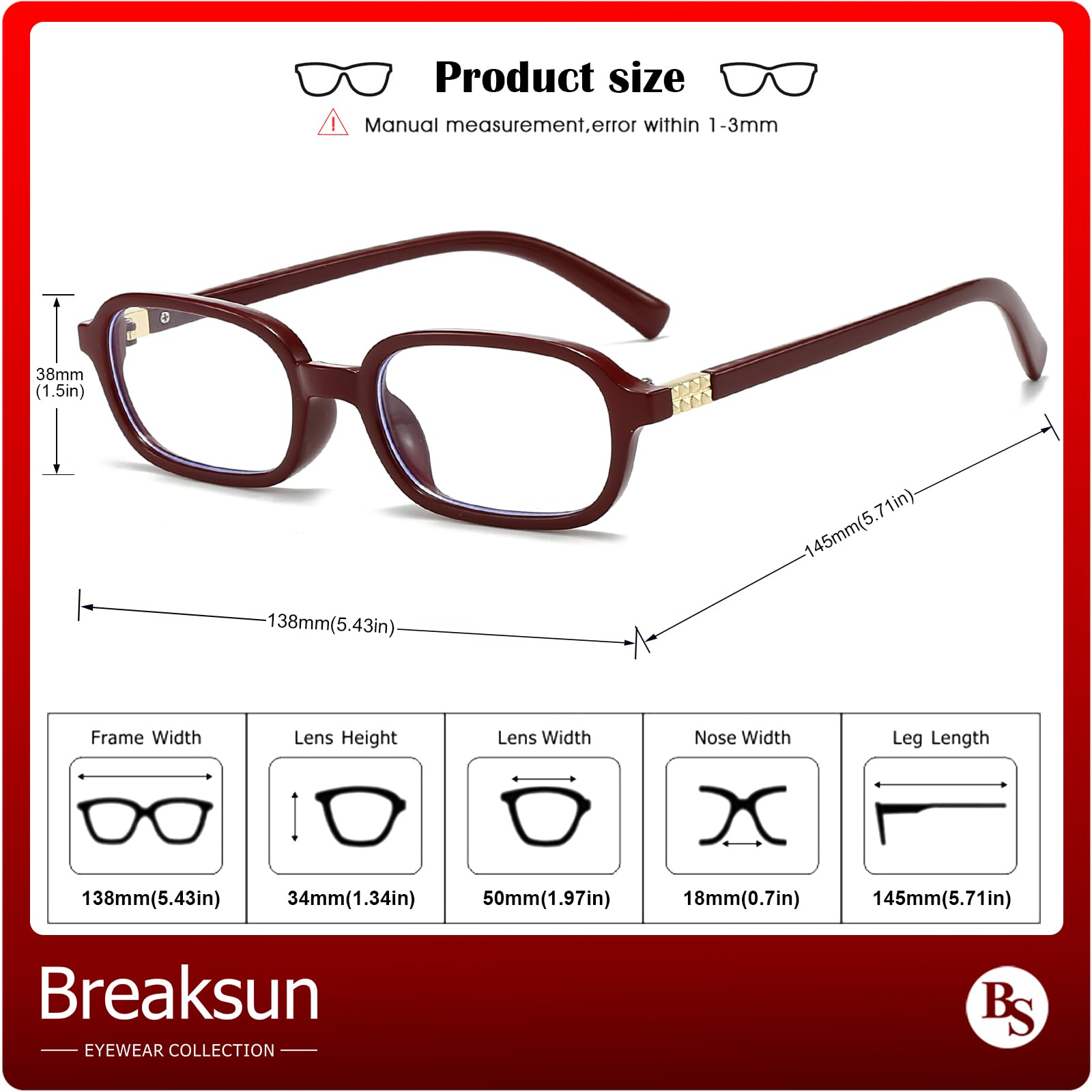 Breaksun - Lunettes rectangulaires rétro pour homme et femme, petites lunettes carrées bloquant la lumière bleue, verres classiques