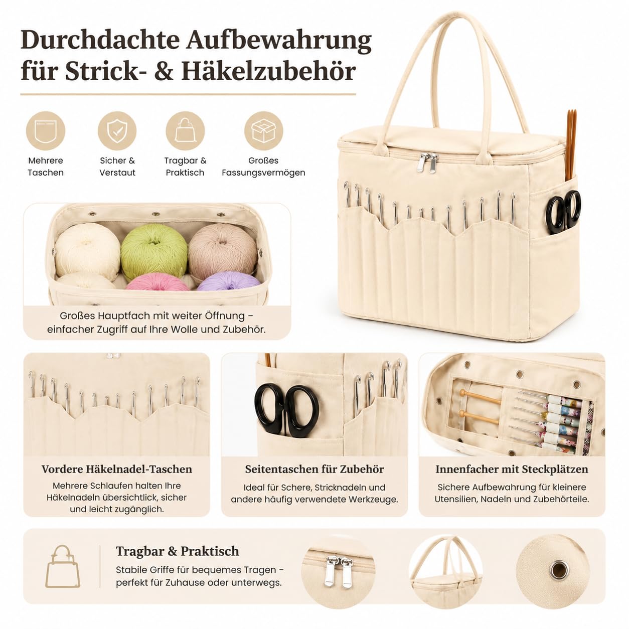 Stricktasche für Garn und Häkeln, Handarbeits-Organizer mit Fächern，Militärgrün
