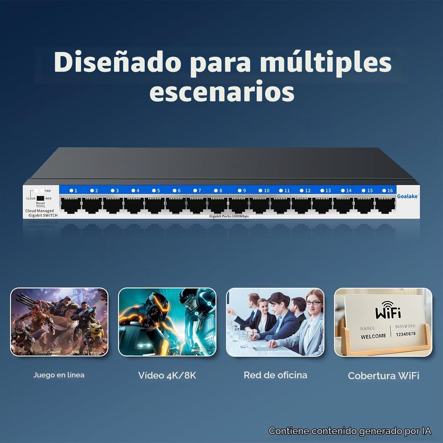 Goalake Interruptor de Red gestionado Gigabit Ethernet de 16 Puertos, conmutador Ethernet, gestión en la Nube, Plug and Play, Funcionamiento silencioso, Montaje en Escritorio o Pared