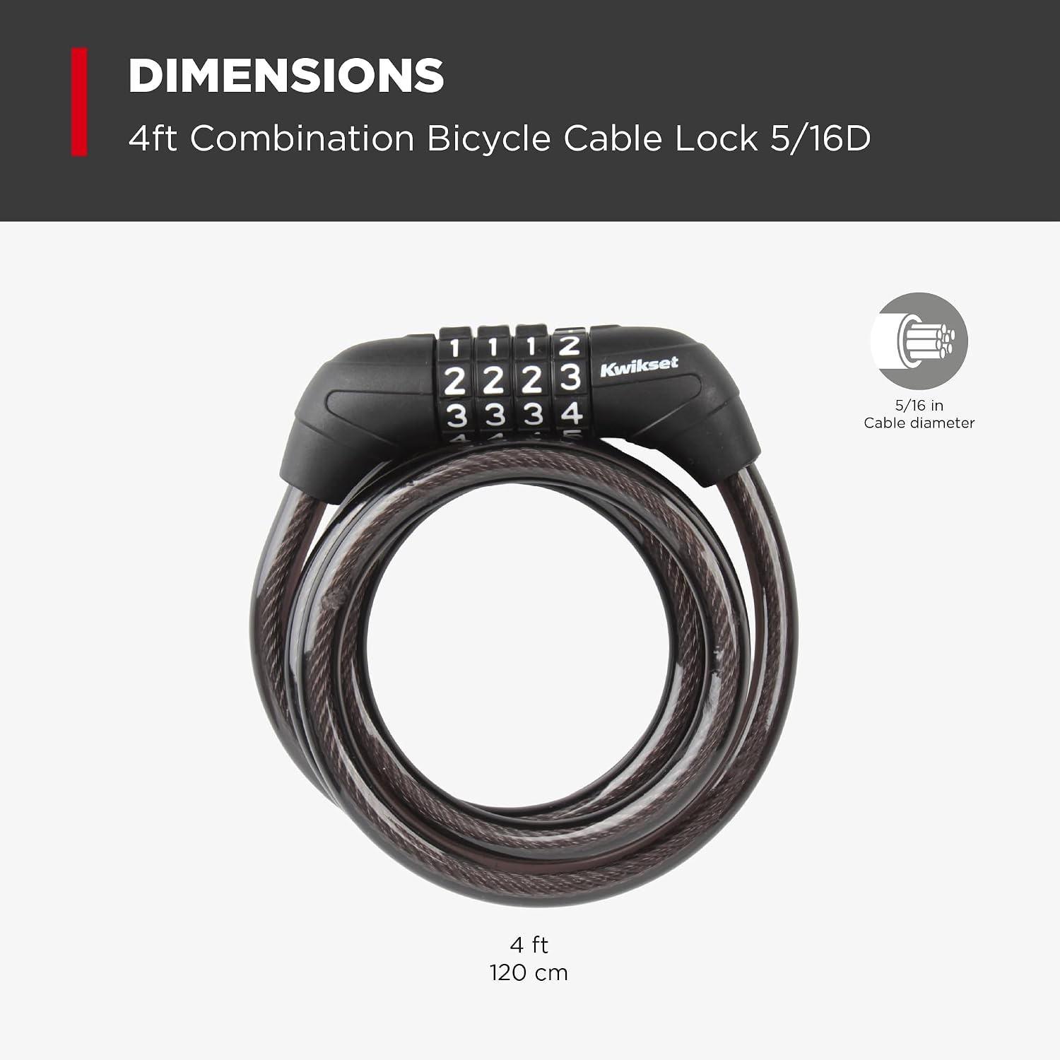 Kwikset Combination Bicycle Cable Lock, 4-Digit, 4 ft, 5/16" Diameter