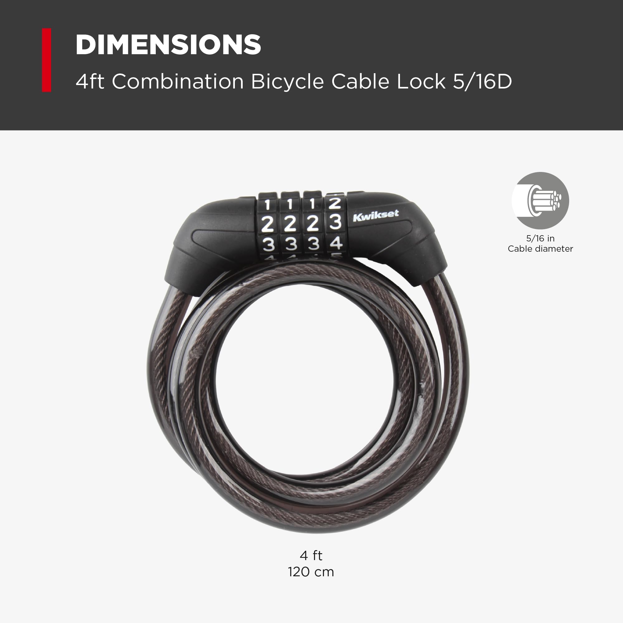 Kwikset 4 ft Combination Bicycle Cable Lock, 4-Digit, 5/16 in Diameter, Bike and Outdoor Security, 1 Pack, Silver - 3