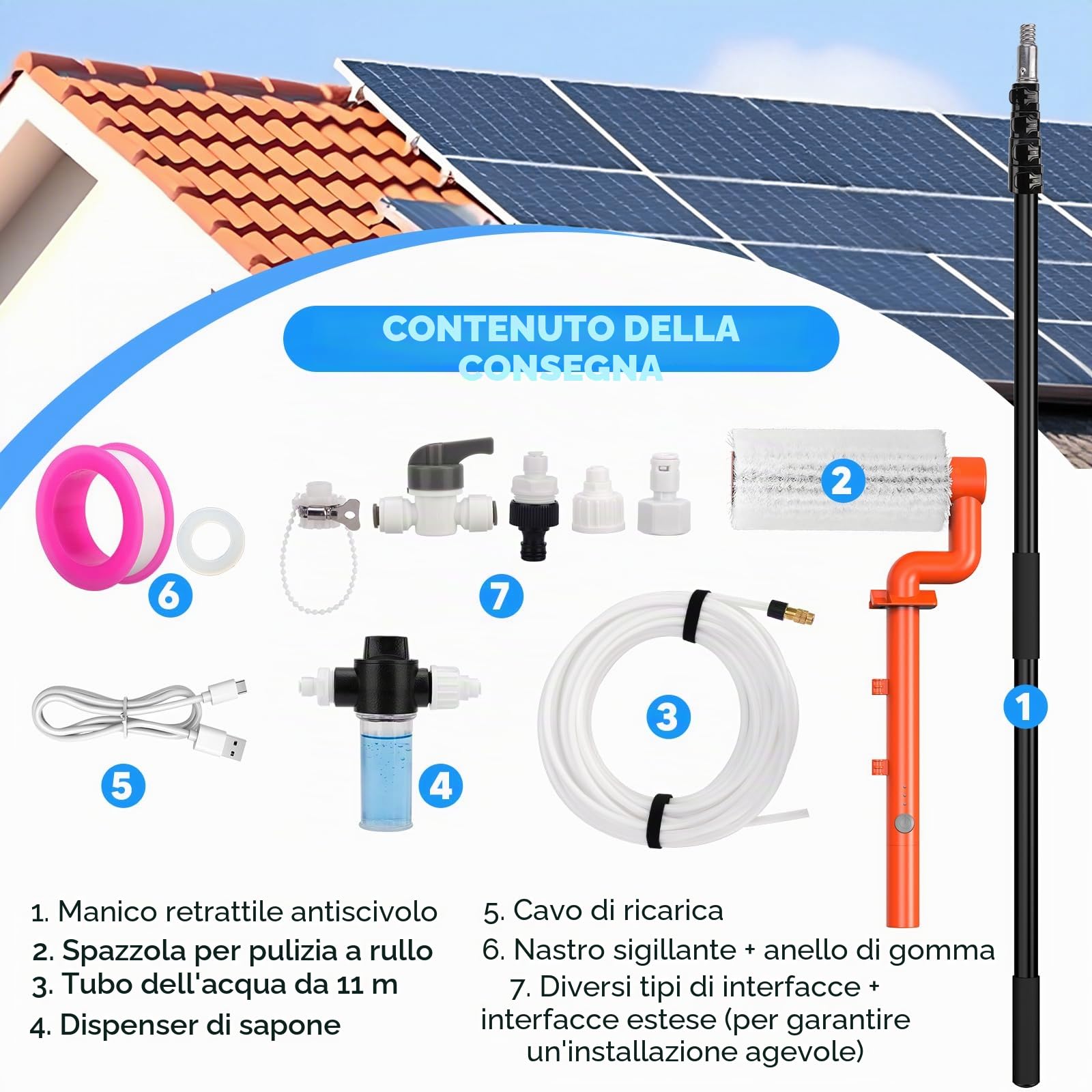 Kit di pulizia per pannelli solari elettrici da 6,2 m, palo estensibile per la pulizia delle finestre, palo telescopico a 5 fasi, spazzola per la pulizia delle finestre a 2 velocità per tetti di