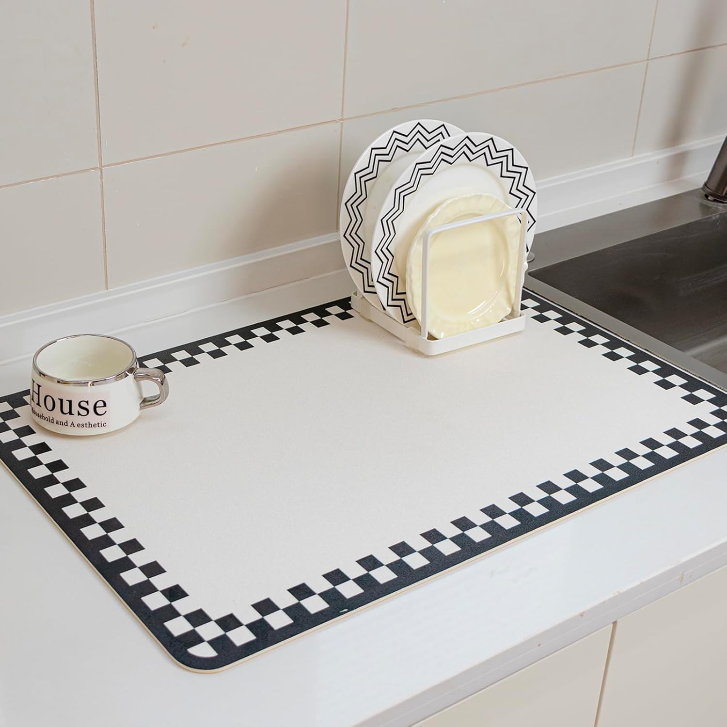 2PCS Drying Mat Kitchen Counter 24 X 16 Inches Non-slip Coffee Mat Fits Under Coffee Maker & Espresso Machine Dish Rack,Black White