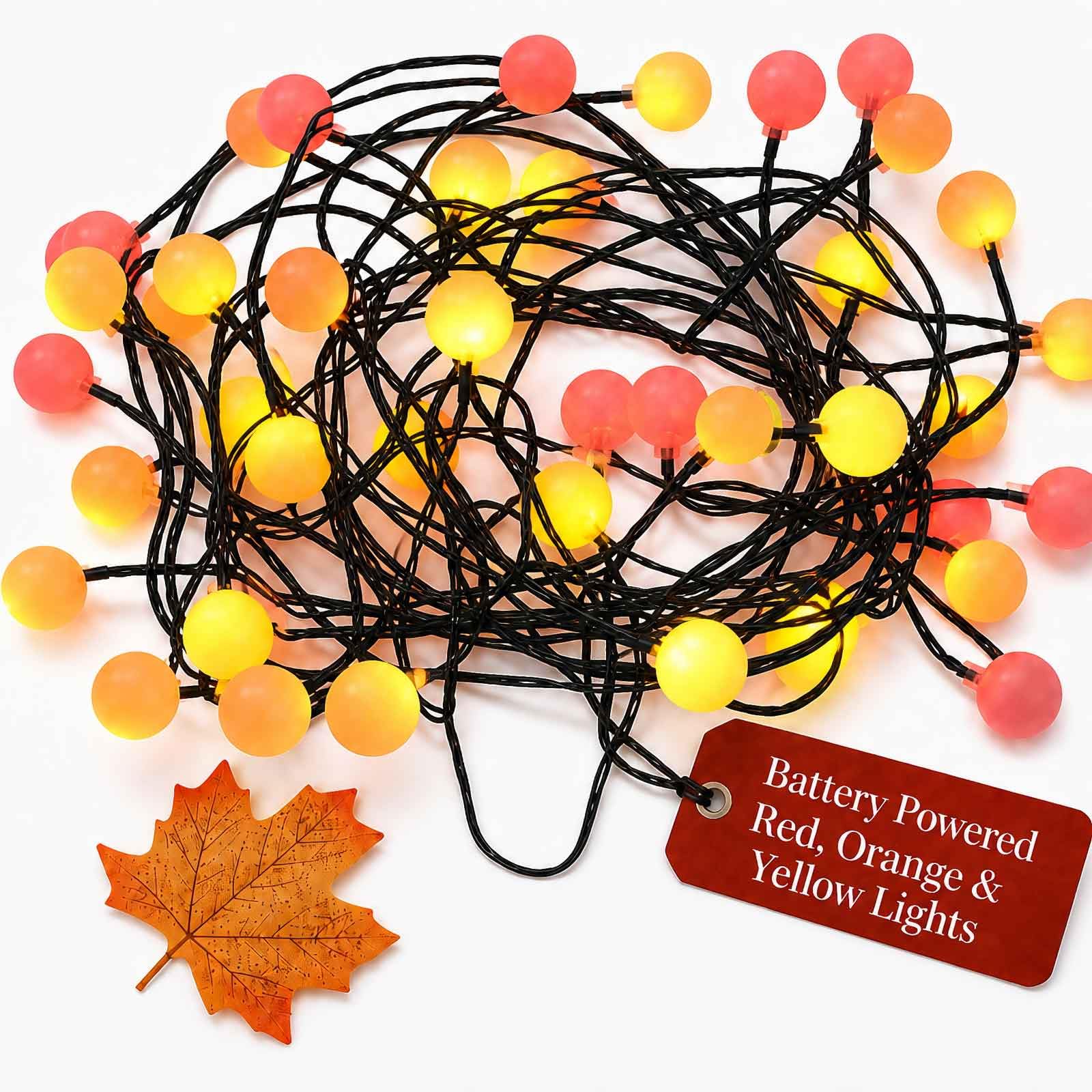 Qbis – Guirlande lumineuse baie avec 40 LED couleurs coucher de soleil Rouge, orange et jaune. Lumières de Noël multicolores. Guirlande lumineuse à piles pour intérieur.