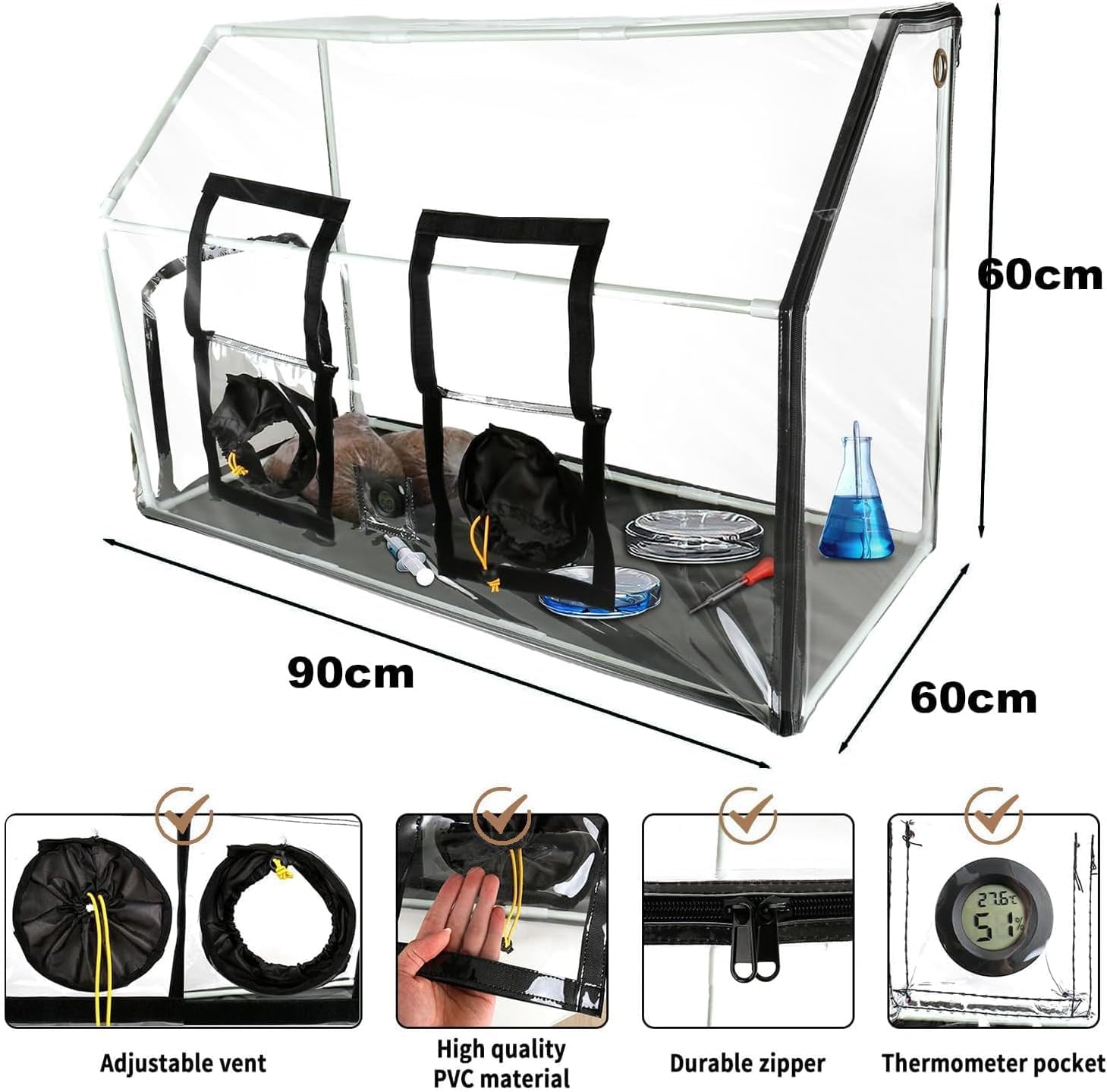 Kit de culture portable pour champignons, boîte à air fixe améliorée pour mycologie, comprend 2 pulvérisateurs et un thermomètre, sac de plantation de champignons 90 x 60 x 60 cm, tente pour échange