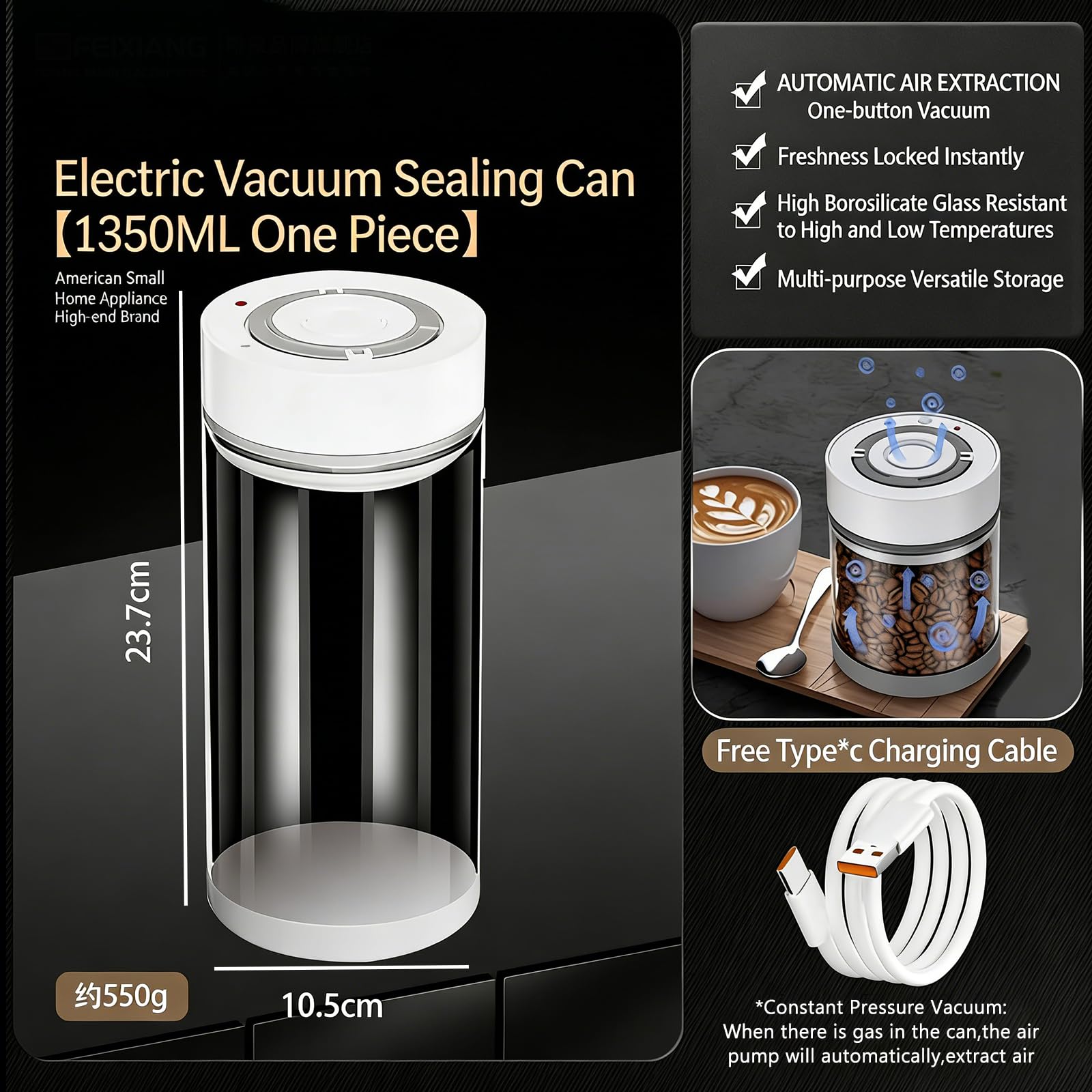 Automatische Vakuum-Kaffeedose, Kaffeebehälter Elektrisch Vakuumversiegelt, 600/950/1350ml Kapazitäten, Eingebauter Monats-/Datum-Tracker, 360° Luftabsaugung, für Kaffeebarzubehör, Geschenke