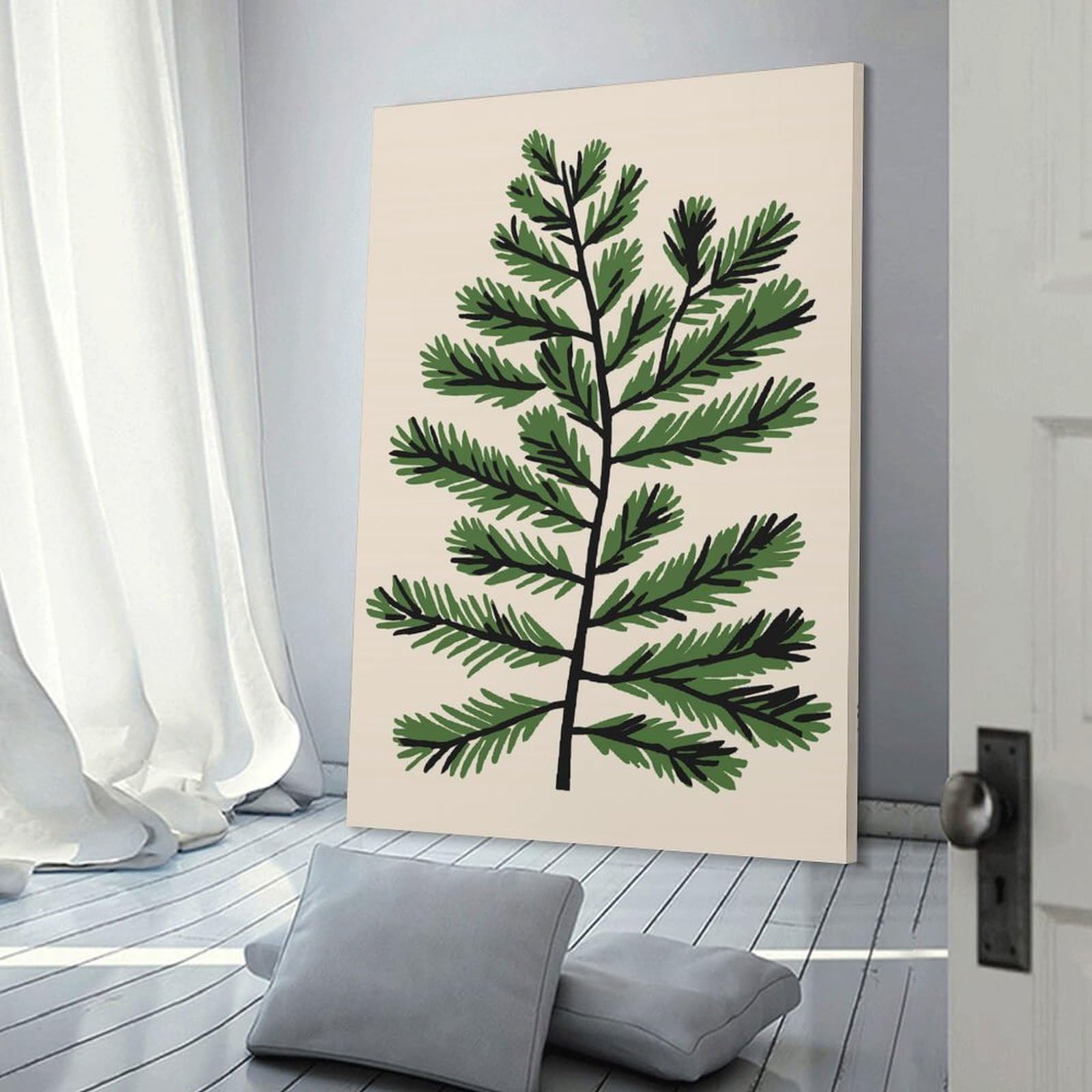 Junmoney Green Pine Branch Illustration Wall Art Print, 12x18inch(30x45cm), for Lounge Decor, Bedroom Walls Or Flats, Decorative Artwork for Empty Walls