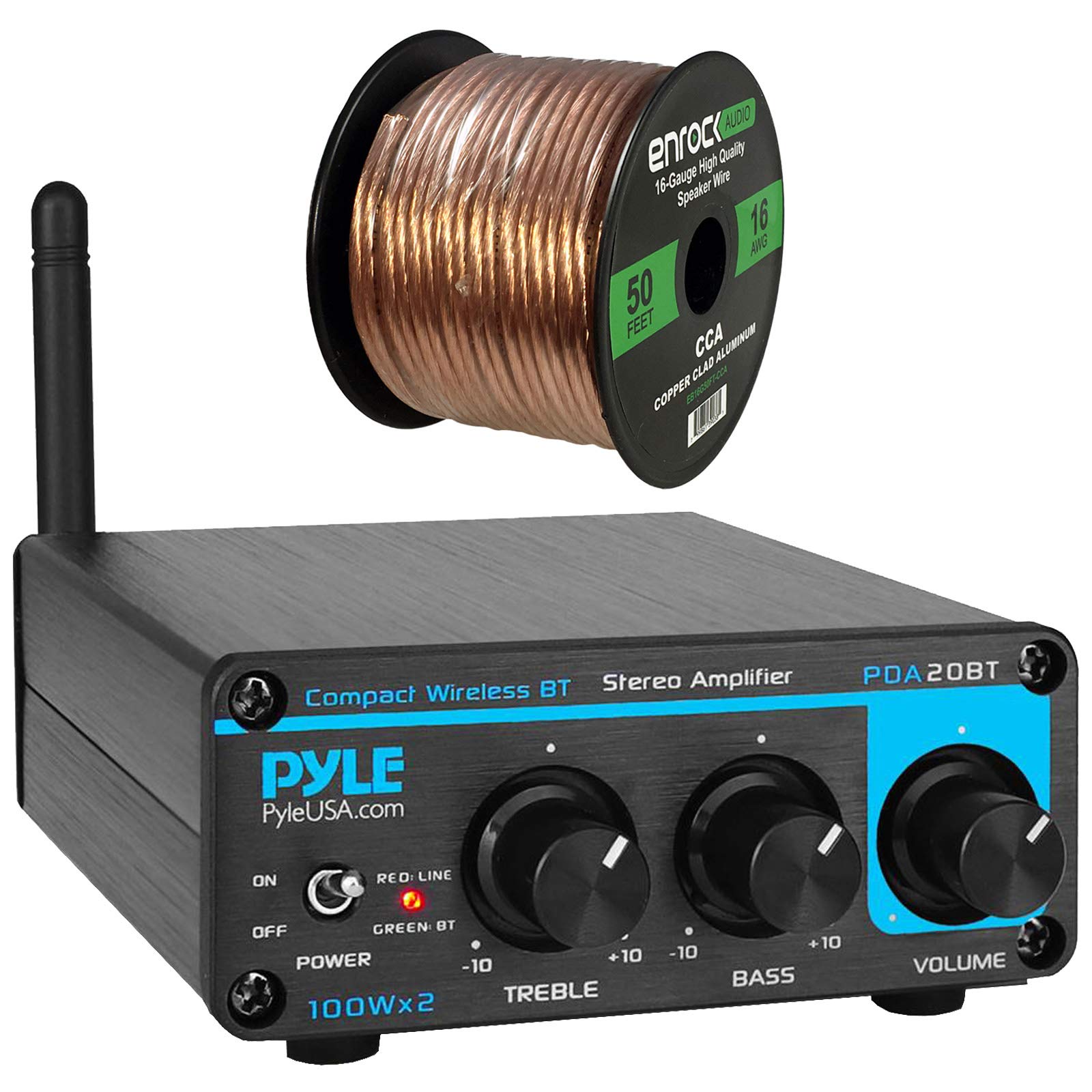 PyleBlue Series 200 Watt Max Power Desktop Bluetooth Audio Compact Mini Stereo Power Amplifier System Bundle Combo with 16 AWG Gauge 50 Feet Speaker Wire Cable