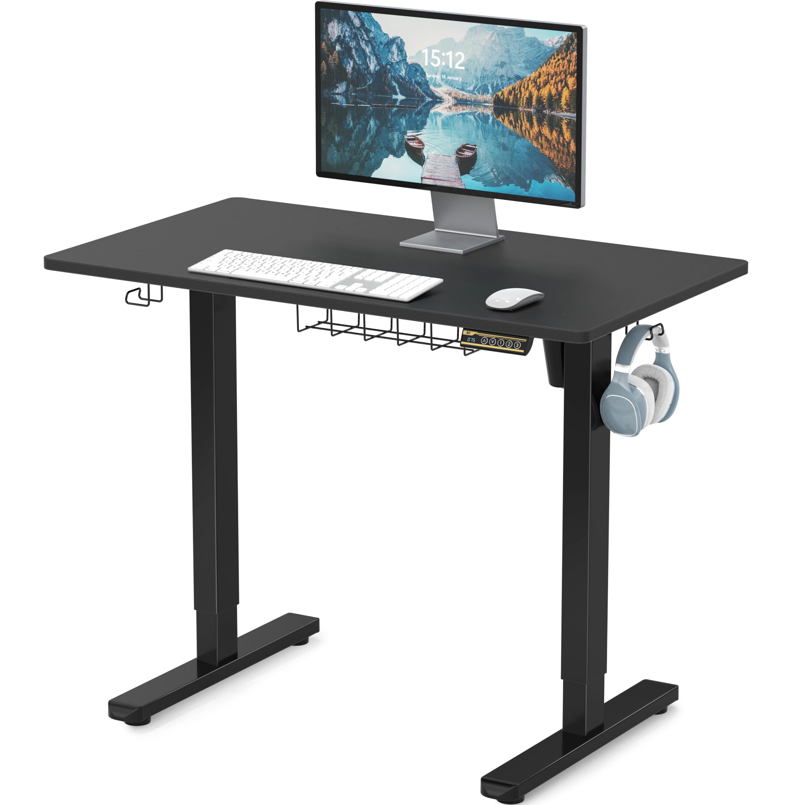 SHW 40 x 22 Inches Electric Height Adjustable Sit to Stand Desk with Hanging Hooks and Cable Management, Black Frame and Black Top