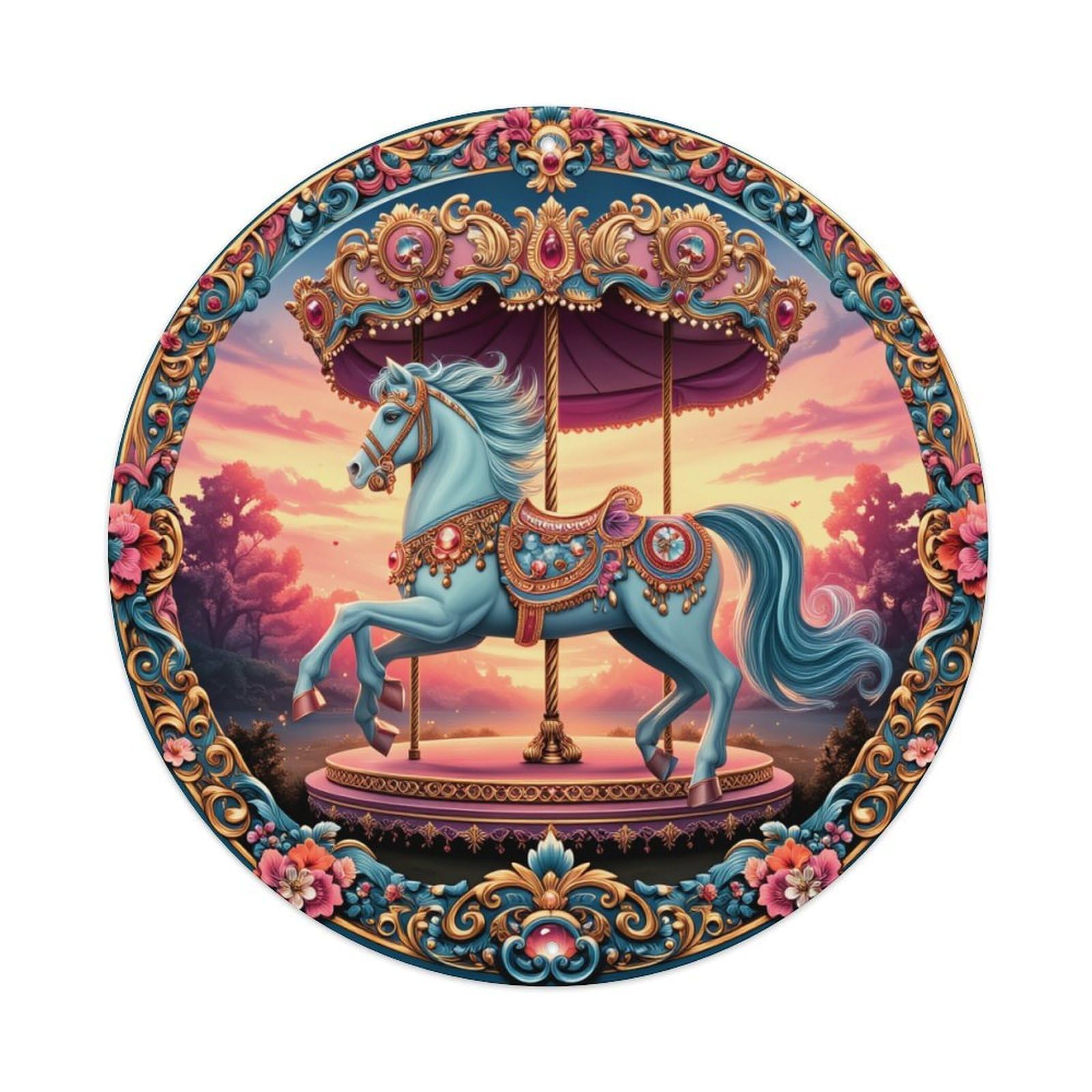 Fantasy Carousel Horse Sunset Round Tin Sign Vintage Metal Poster, Home Bar Garage Man Cave Cafe Indoor & Outdoor Wall Decoration 8x8Inches