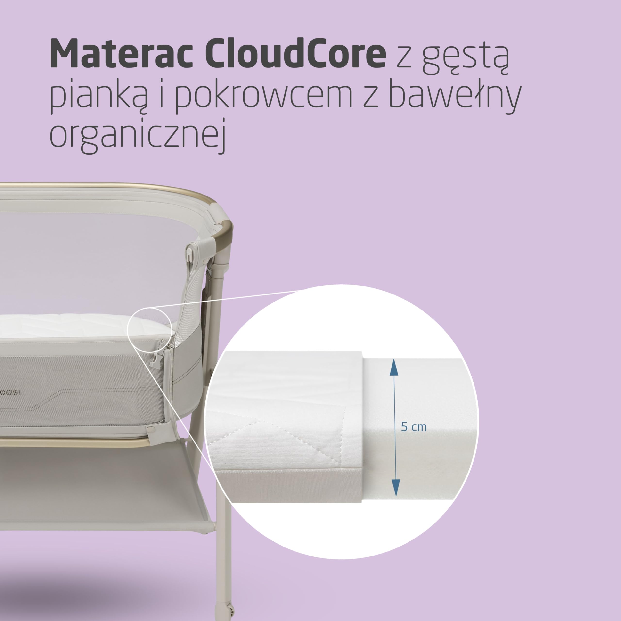 Maxi Cosi Iora² Dostawka do Łóżka, 0–6 Miesięcy (9 kg), Składane Lekkie Łóżeczko Dostawne, Materac CloudCore o Grubości 5 cm, 5 Wysokości, 2 Kółka, Łatwe Przesuwanie, Elegance Beige