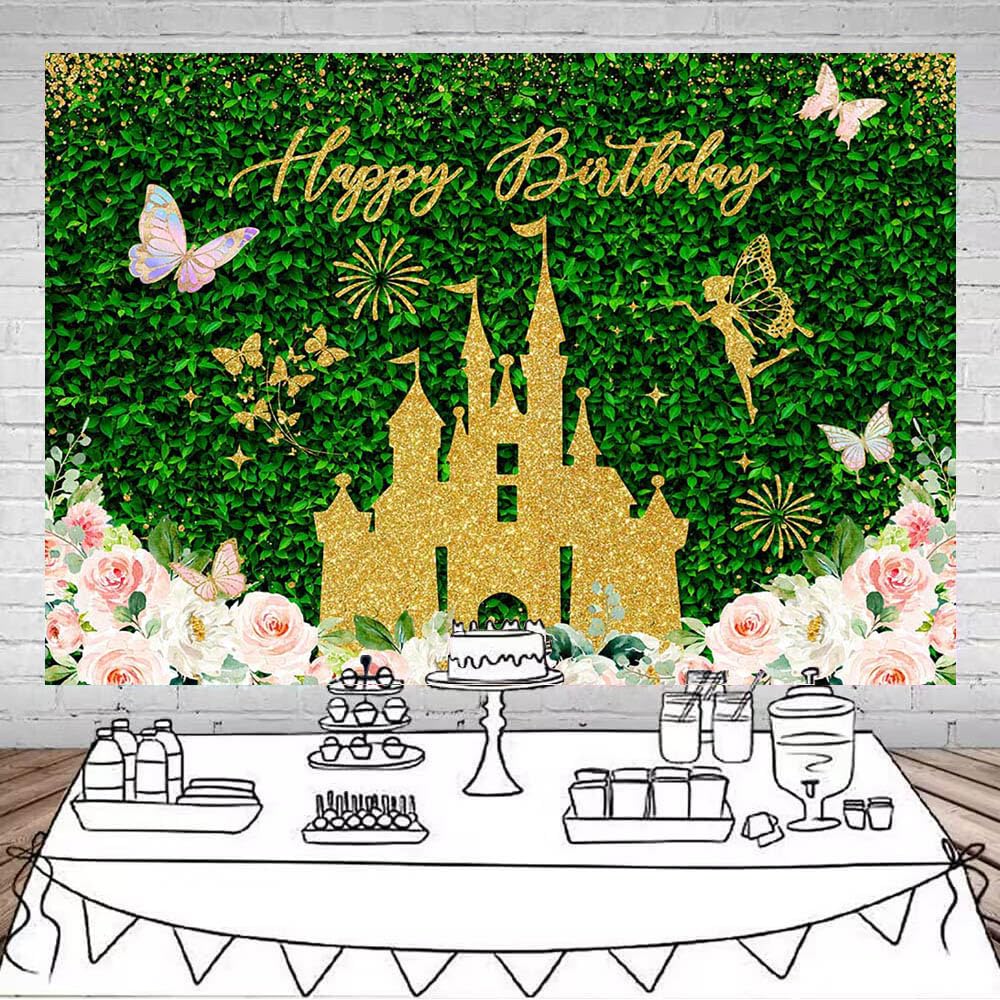 Avezano Zieleń tło urodzinowe złoty zamek różowy kwiatowy Happy Birthday Party dekoracje zielone liście motyl kobiety dziewczyny urodziny sesja zdjęciowa tło baner materiały (3 x 2,1 m)