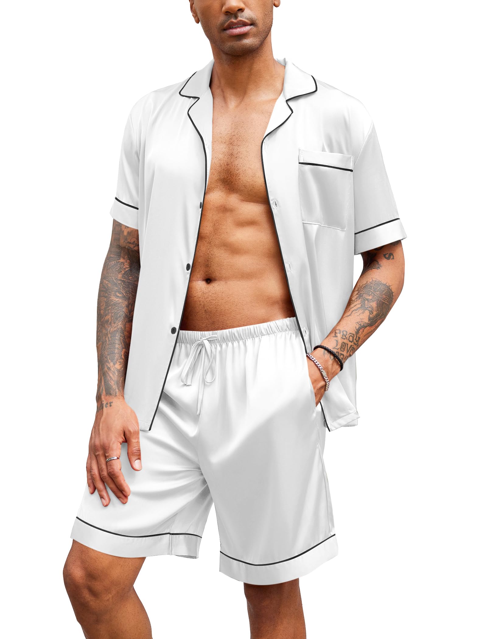 Ekouaer Mens Silk Satin Pajamas Set Short Sleeve Button Down 2 Piece PJs