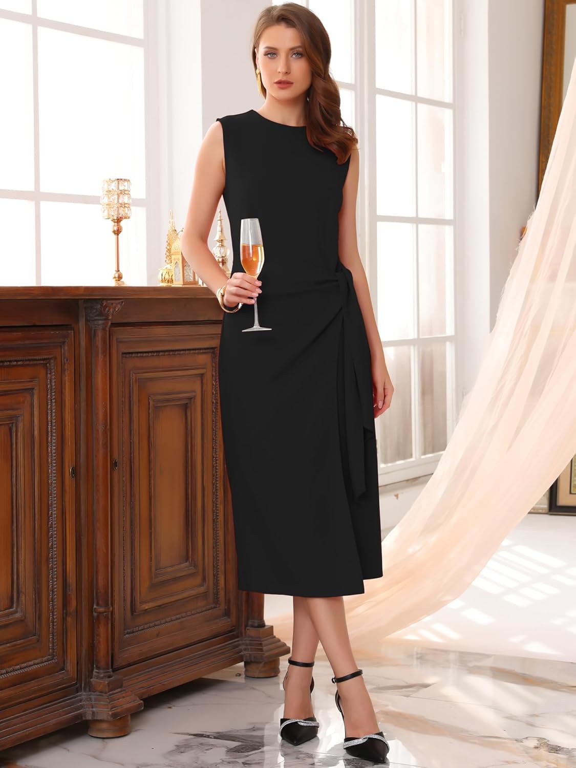 Women's Business Cocktail Dress 2025 Front Tie Wrap Formal Elegant Sleeveless Sheath Dresses - Image 3