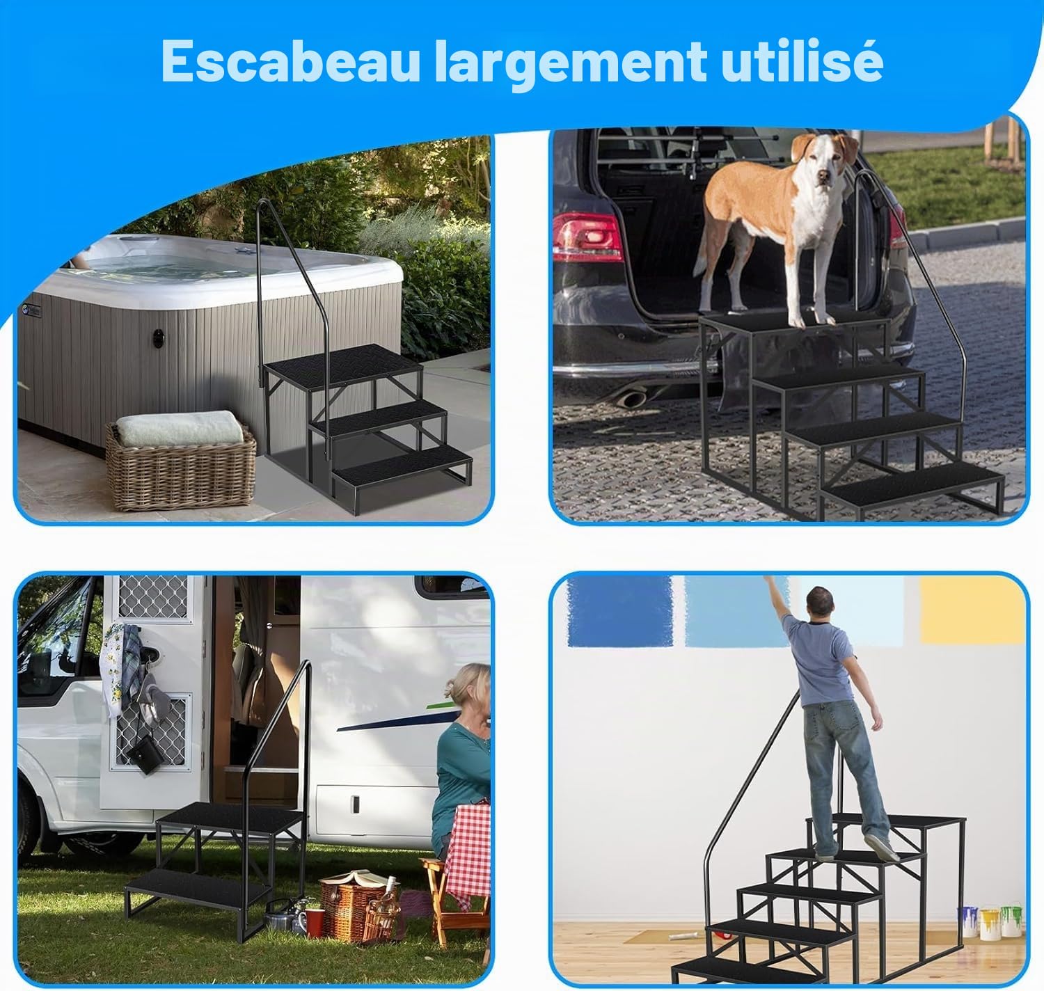 Escabeau 2 Marches avec 2 Main Courante, Marchepied Antidérapant en Acier pour Caravane Escabot de Piscine, Escabeaux Portable pour Camping-Cars à Cinq Roues, Escabeau de Ménage Outdoor RV Marchepied