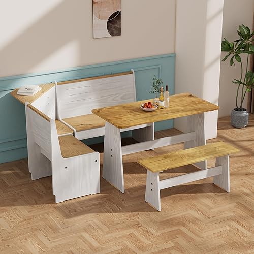 Miniatura 9 de Juego de mesa de rincón de cocina para desayuno, banco de esquina de madera maciza para 4-6 personas, banco en forma de L para comedor, ahorro de