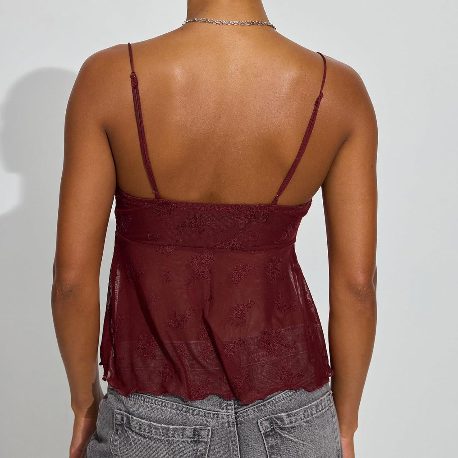 Women Split Front Lace Cami Tops Mesh Floral Print Spaghetti Strap Tank Tops Slim Fit Sexy See Through Crop Top - Image 5