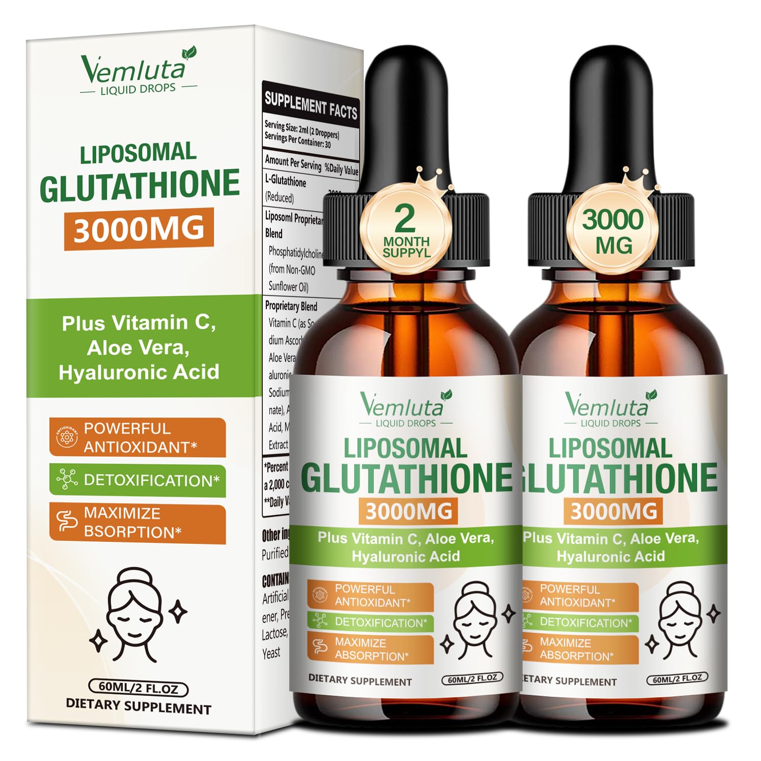 2 Pack 3000mg Liposomal Glutathione Liquid Drops, 98% Absorption Liposomal Glutathione with Vitamin C for Women, Glutathione Liposomal Supplement, Powerful Antioxidant Complex for Immune System, Liver : Health & Household