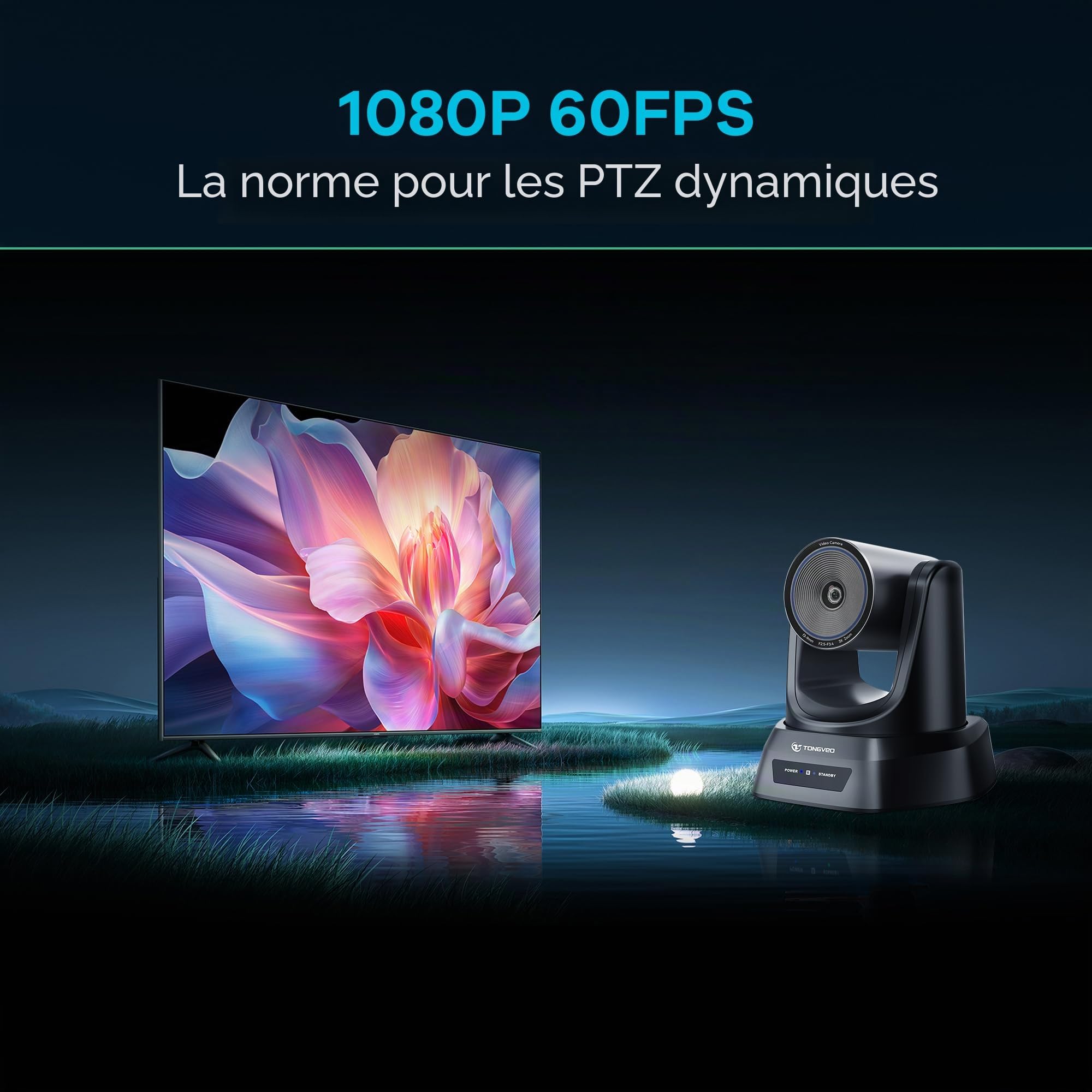 TONGVEO Caméra PTZ AI Auto-Tracking Zoom Optique 3X HDMI USB 3.0 1080P 60fps Grand-Angle pour Visioconférence Streaming Direct Zoom Youtube Teams OBS et Plus