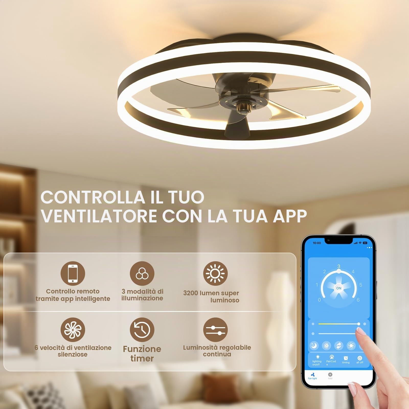 NIORSUN Ventilatore da Soffitto da Con Llluminazione, 3000-6500K 6 Velocità del Vento Regolabile, Dimmerabile, Luce LED da 50cm, Con Telecomando e App, Modalità Estate e Lnverno, Timer,Nero