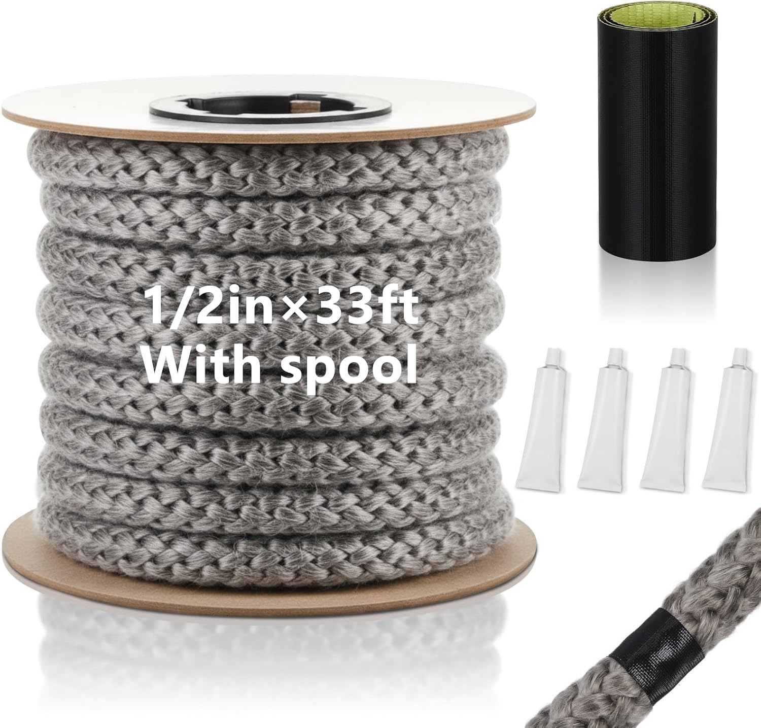 SATINIOR 33 ft Wood Stove Gasket Wood Stove Door Fiberglass Gasket Kit, High Temperature Resistant Rope, with Spool Adhesive Replacement for Fireplace Doors, Grey Color(1/2")