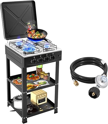 Estufa de gas propano de 4 quemadores, estufa de gas portátil de 300000BTU con soporte para patas y adaptador de cubierta de bloqueo de viento,