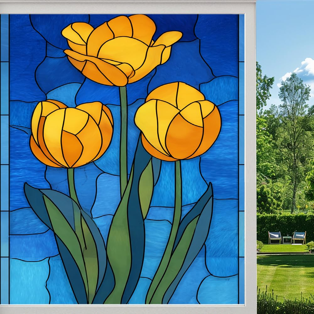 Pmlbaous Retro Tulips Stained Glass Window Film, Abstract Colorful Flowers Peel And Stick Privacy Film, Frosted Adhesive Vinyl Decorative For Bathroom Windows Glass Doors, （45X90cm）