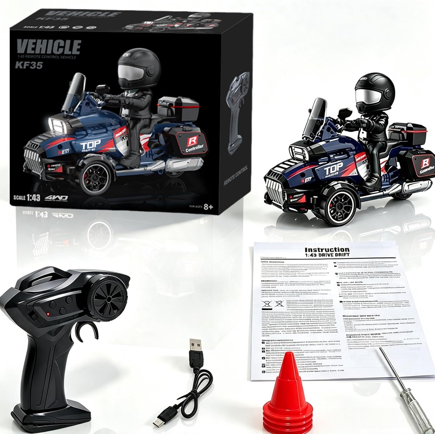 RC Motorcycle, 1/43 Scale Full Proportional Mini RC Drift Car, 2.4GHz 3WD Remote Control Motorcycle with LED Lights, Type-C Charging, Desktop Display Toy Gift for RC Hobbyists, Kids, Adults