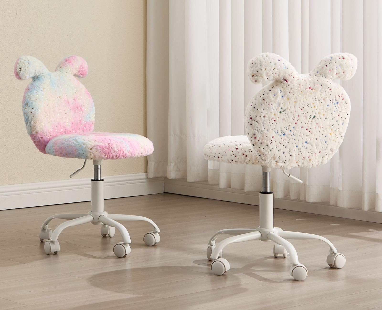 Ya-Home Silla Escritorio para Niña/Niño Diseño del Conejo,Beige | Lana Sintética, Altura Ajustable, Giratoria, Ruedas, 5cm Cojín, Respaldo con Apoyo Lumbar, para Dormitorio/Tocador