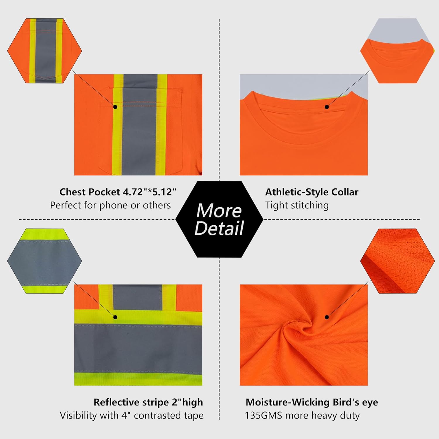 VENDACE Men's High Vis Safety Work T Shirt ANSI Class 3 Reflective Long Sleeve Shirt with Pocket(Orange,L) - Image 6