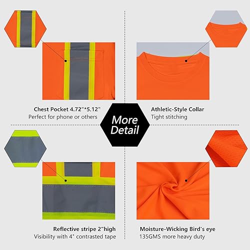 Miniatura 6 de VENDACE Camiseta de trabajo de seguridad de alta visibilidad para hombre, ANSI Clase 3, camisa de manga larga reflectante con bolsillo (naranja, 2XL)