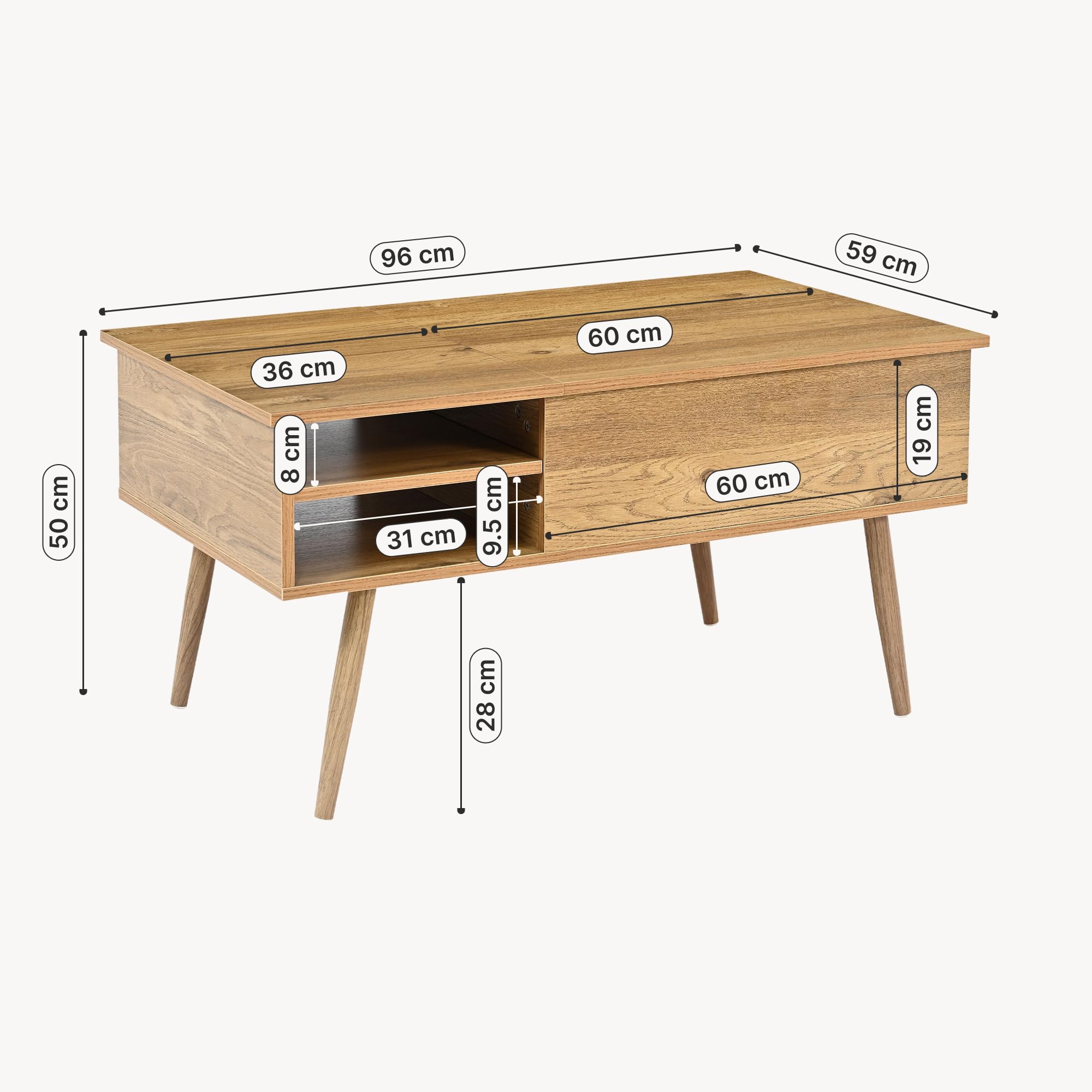 [en.casa] Couchtisch Vasdabod mit Liftplatte 96x59x50 cm Eicheoptik | Couchtisch mit Stauraum, höhenverstellbar, Beistelltisch, Wohnzimmertisch, Sofatisch, rechtekig, 2 offene Ablagefächer