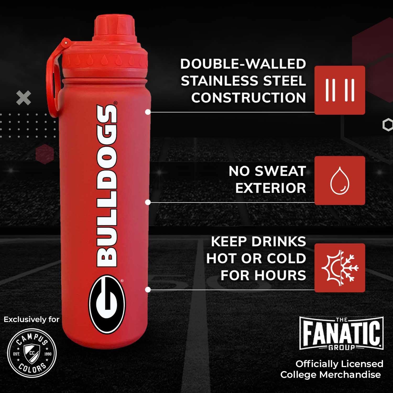 Campus Colors NCAA Stainless Steel Water Bottle - Twist on cap - 24 oz - Carry Clip - Keeps Your Drinks Hot or Cold for Hours (Georgia Bulldogs - Red) - Image 2