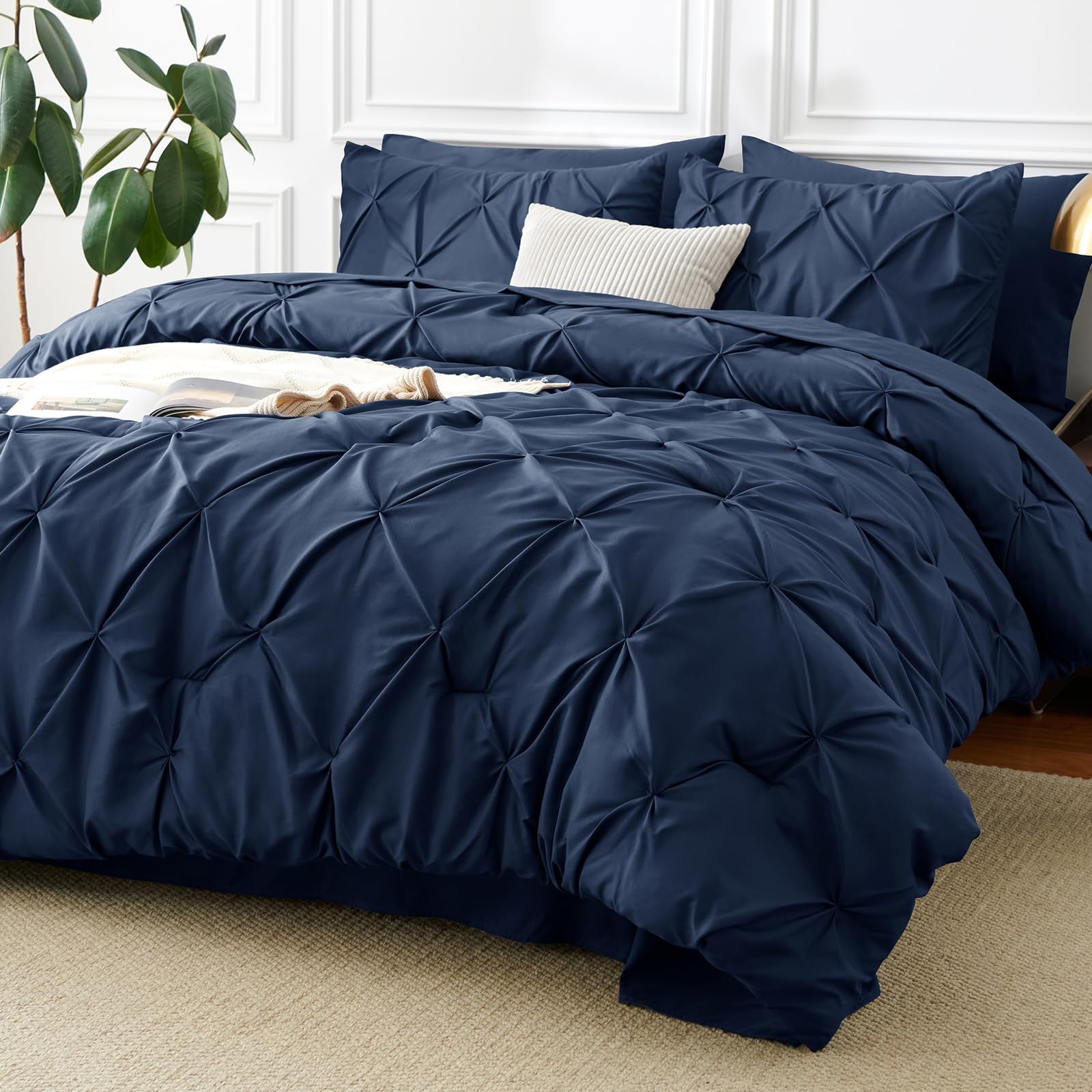 CozyLux Full Size Comforter Sets Navy Blue, 7 Pieces Pintuck Bed in A Bag Full, All Season Bed Set Gift for Family, Pinch Pleat Bedding Sets with Comforter, Sheets, Pillowcases & Shams