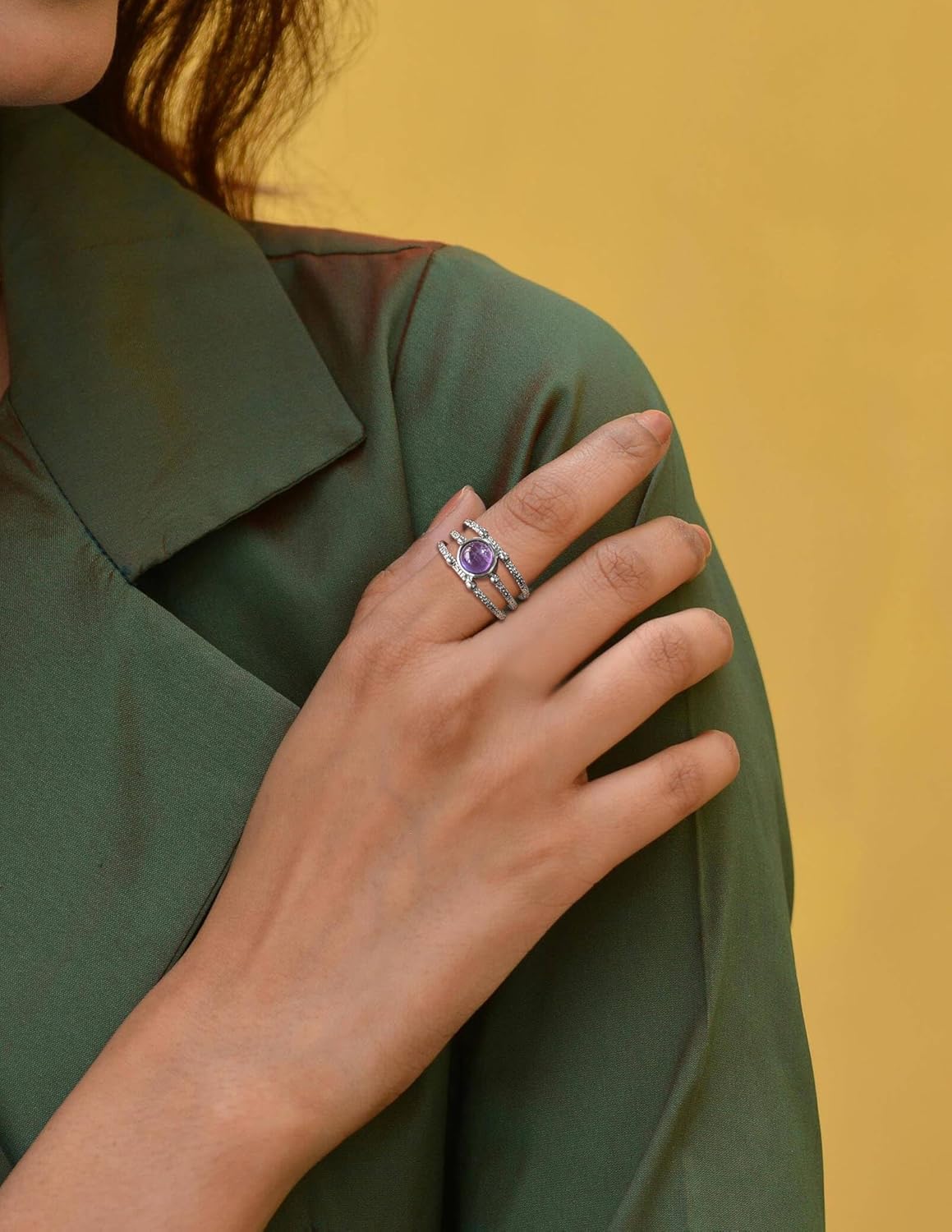 Vintage Silver Tone Adjustable Ring with Natural Gemstones - Labradorite, Amethyst, Kyanite, Obsidian, Tiger Eye, Malachite, Red Agate - Boho Statement Jewelry for Women & Men - Image 3