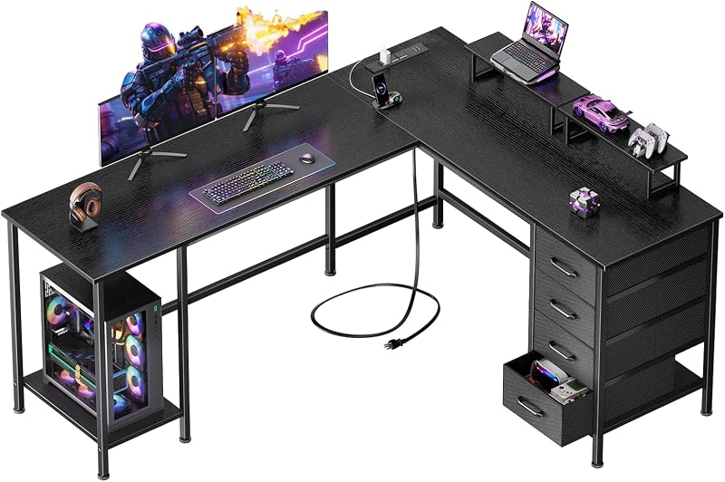Korfile 59 inch L Shaped Computer Desk with Power Outlets, Black | Ideal for Home Office, Bedroom, Corner, 4 Adjustable Storage Drawers, 2 Monitor Stands, Reversible, Two Person Gaming Table