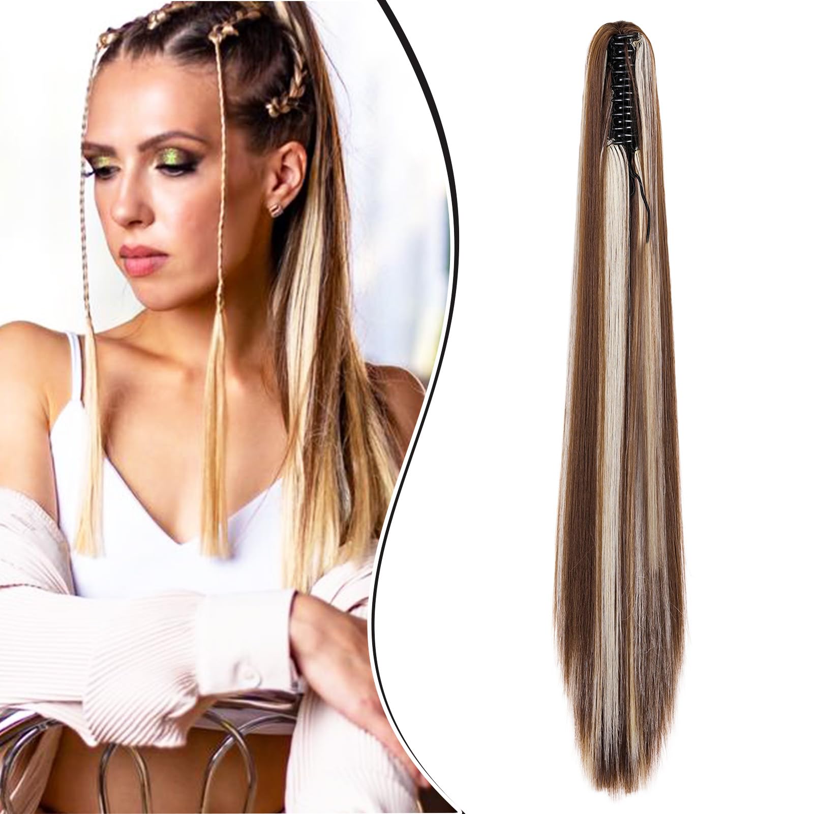 Dcbaboo 22inch Claw Clip in Ponytail Hair Extensions Long Straight Ponytail Extension Synthetic Pony tails Natural Wave One Piece Hairpiece Fake Ponytail for Women Chestnut Brown & Bleach Blonde