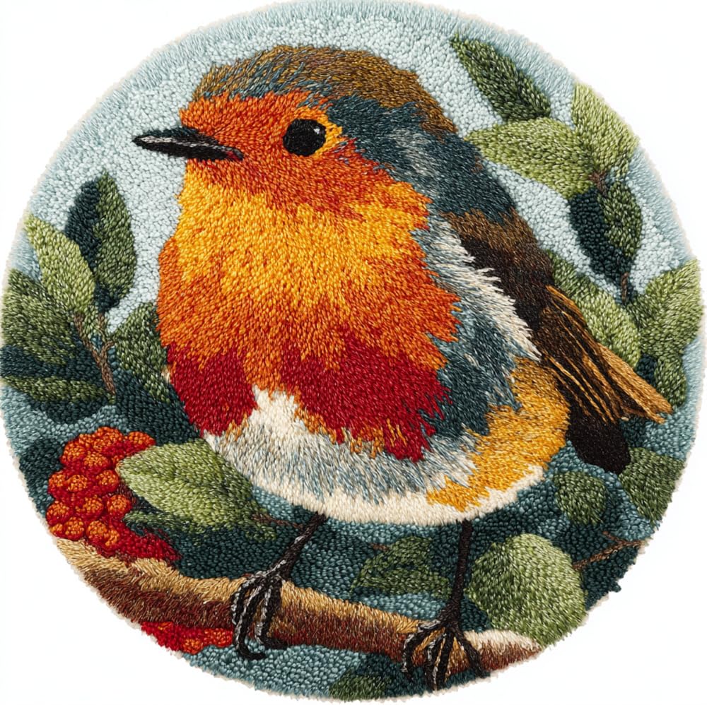 Latch Hook Rug Kit, Robin Bird On A Branch 20X20Inch (50X50Cm) Diy Rug Making Kit For Adults Kids, Rug Making Kits, Cross Stitch Kit Carpet Making Cushion Needlework For Beginners, Home Deco