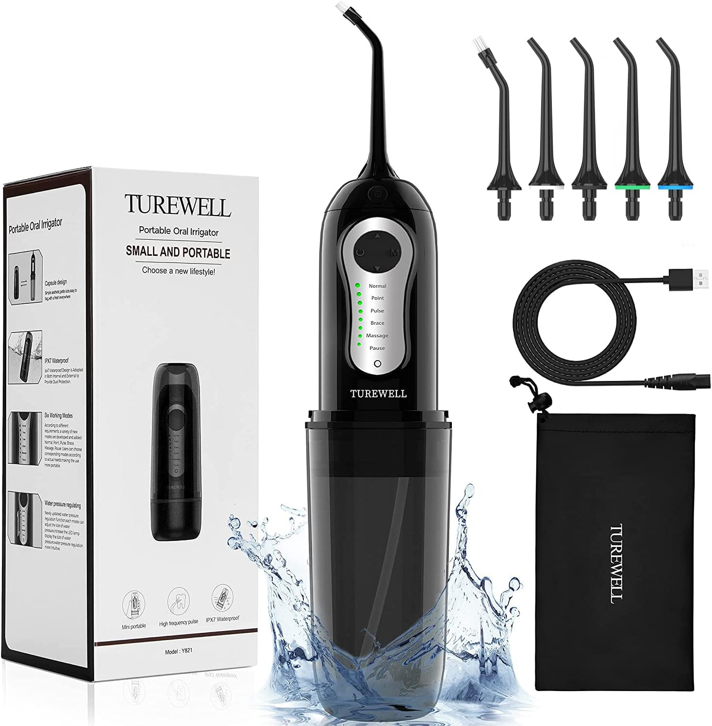 TUREWELL Cordless Water Flosser,260ML Portable Water Flossing Teeth Cleaner with 6 Modes 3 Jet Tips,IPX7 Waterproof Professional Oral Irrigator,Electric Water Dental Pick for Home/Travel (Black)