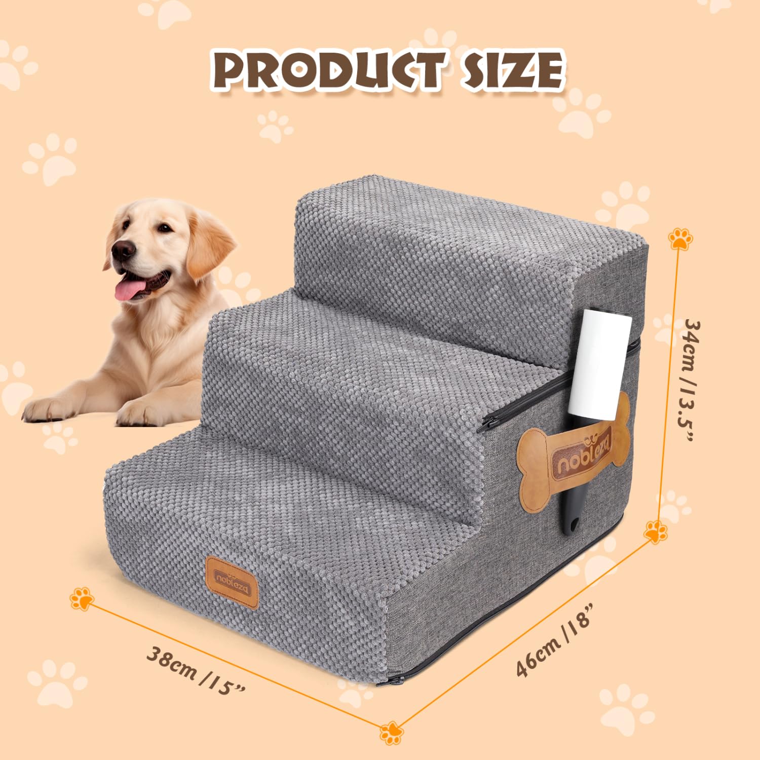 Nobleza Escalera para Perros, Rampa para Perros, Escalera para Cama de Perros Pequeños para Perros y Gatos, Escaleras para Perros Mascotas de 3 Escalones con Rodillo Quitapelusas