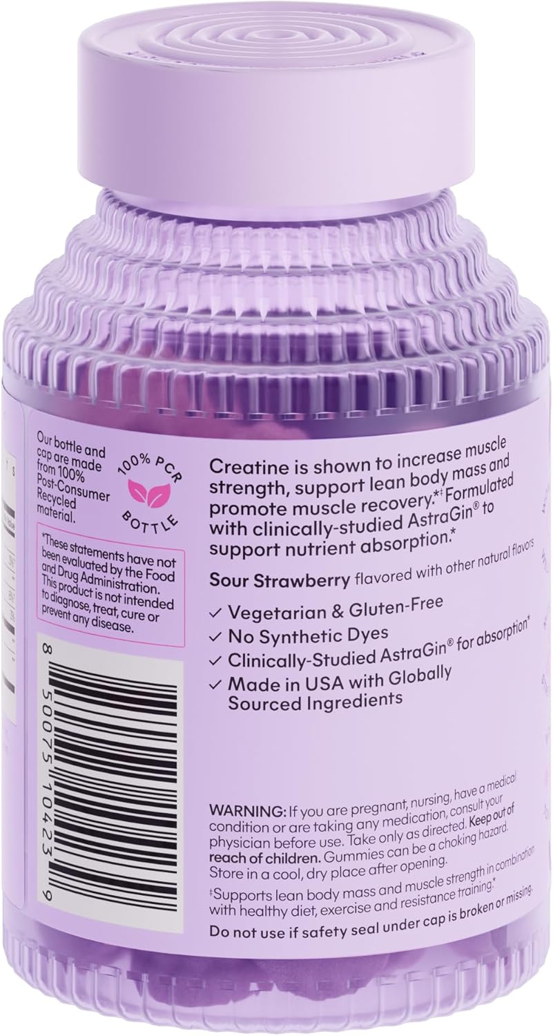 Lemme Creatine Monohydrate Gummies for Women and Men, 5g Dose to Support Lean Muscle, Strength, Recovery, Cognitive Health, w/Ginseng for Absorption, Sour Strawberry, NSF Certified, 60 Gummies - Image 9
