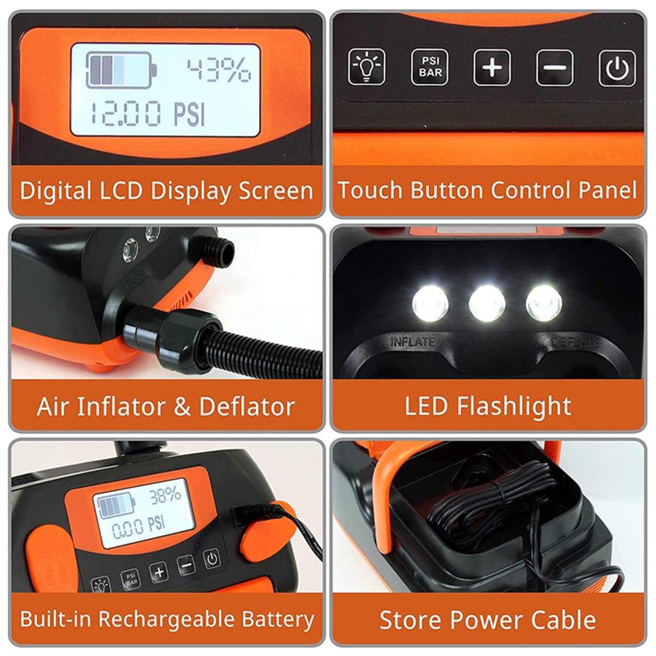 Pompe à air électrique pour SUP et kayak – Pompe à pagaie rechargeable avec fonction de gonflage et de dégonflage 16 psi