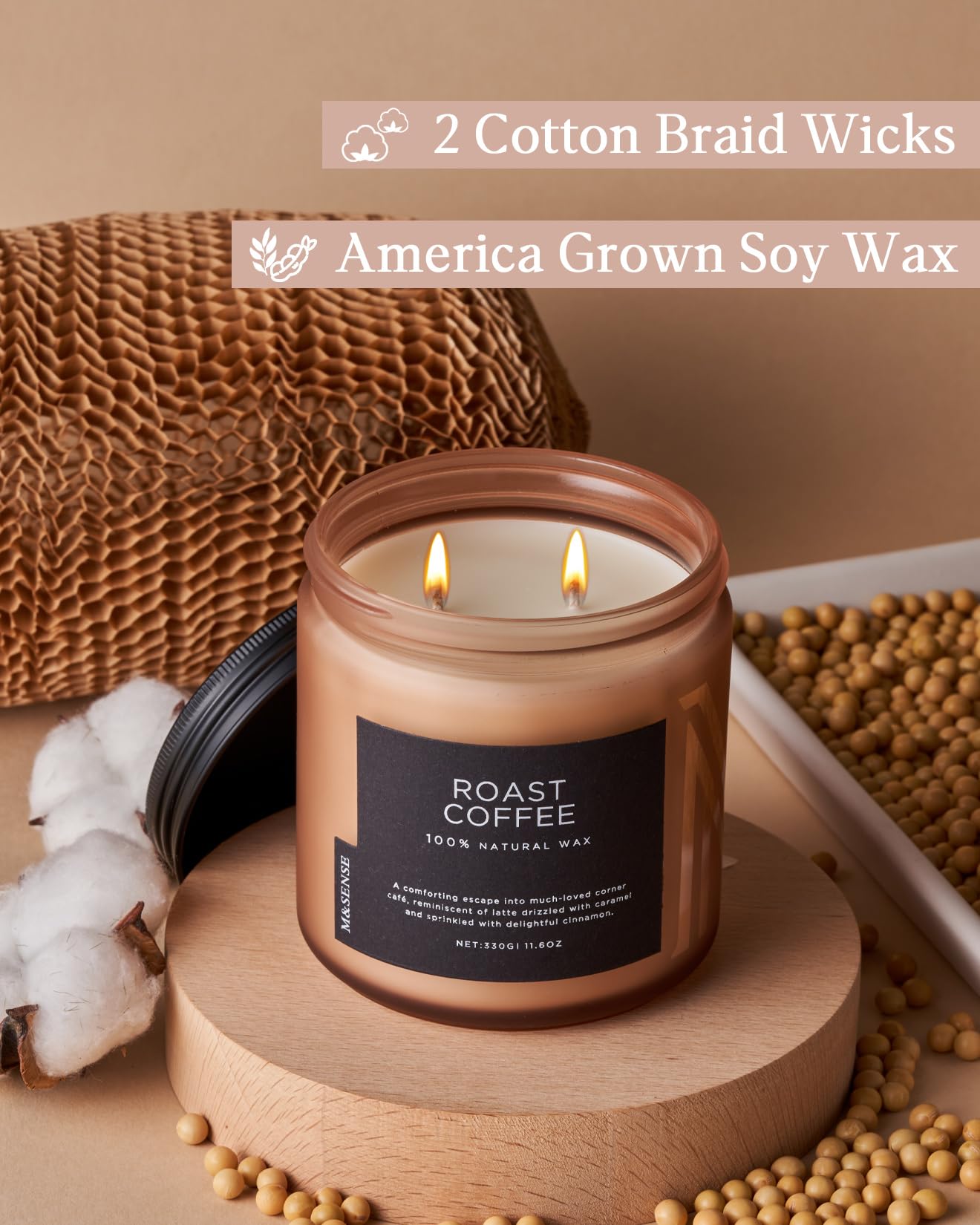 M&SENSE Candele al caffè profumate forti, candela a 2 stoppini da 330g, 70 ore di combustione, candela in cera di soia organica naturale per la camera da letto, la cucina e la decorazione della casa