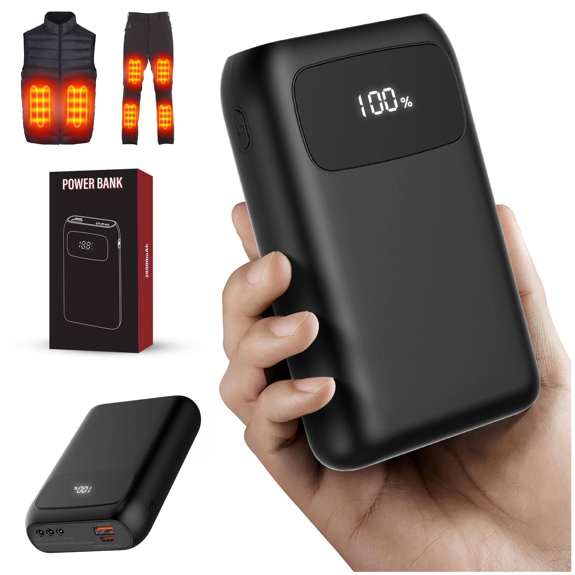 Batterie externe pour gilet chauffant - 7,4 V 3 A 20 000 mAh avec 3 sorties CC 3,5/3,8/4,0 mm - Rechargeable pour vestes chauffantes ORORO et Venustas, gilets, pantalons, sous-vêtements
