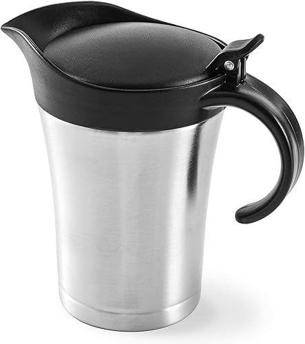 Salsa grande de acero inoxidable – 25 onzas de doble pared aislada jarra de salsa con tapa de plástico con bisagras