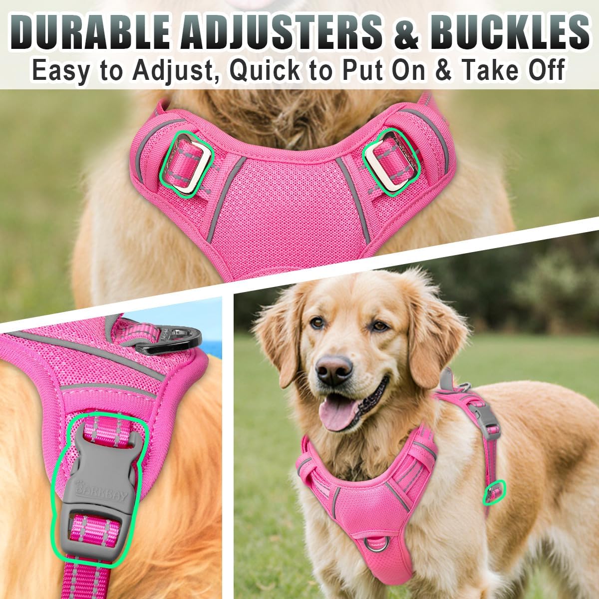 BARKBAY No Pull Dog Harness Large Reflective Dog Harness with Front Clip and Easy Control Handle for Walking Training Running with ID tag Pocket(Pink,L) - Image 8