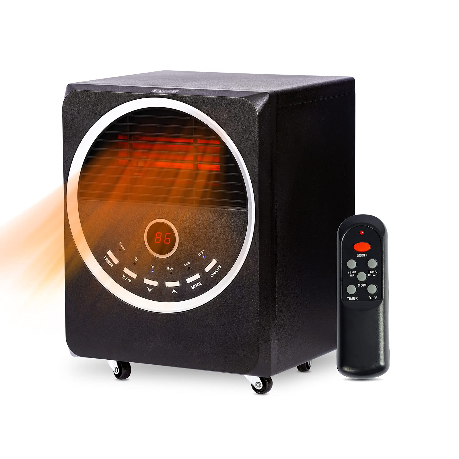 Sunday Living Infrared Space Heater, 1500W Electric Space Heater for Large Room, Portable Heater with 4 Wheels, 3 Heating Modes, Adjustable Thermostat , Remote Control, 12 Hour Timer, Child Lock, Tip-over Protection, Black