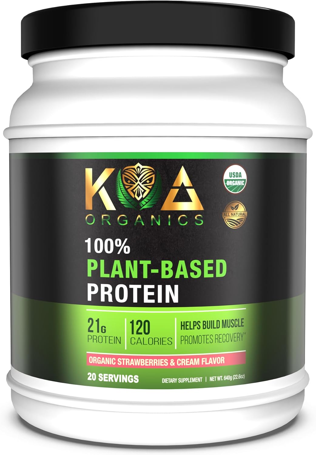 Vegan Protein Powder, Gourmet Strawberries & Cream Flavor- 21g of The Best Tasting Plant-Based Protein with only 120 Calories - USDA Organic, Non-GMO, Gluten Free, Sugar Free - 640g