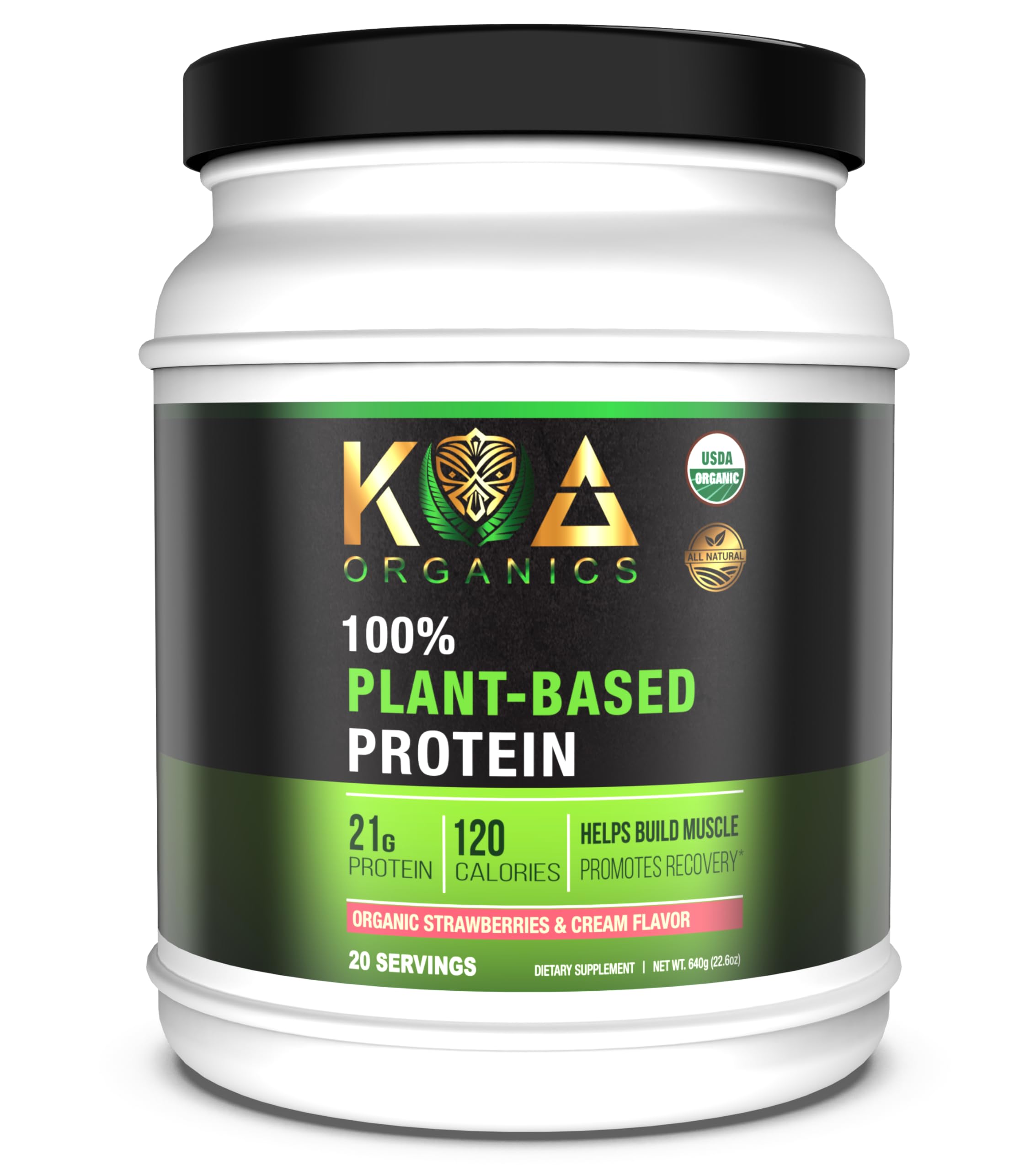 Vegan Protein Powder, Gourmet Strawberries & Cream Flavor- 21g of The Best Tasting Plant-Based Protein with only 120 Calories - USDA Organic, Non-GMO, Gluten Free, Sugar Free - 640g